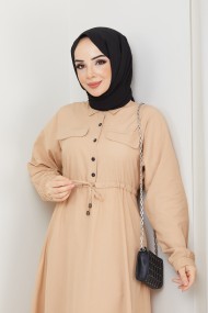 Ela Tesettür Elbise - Bej