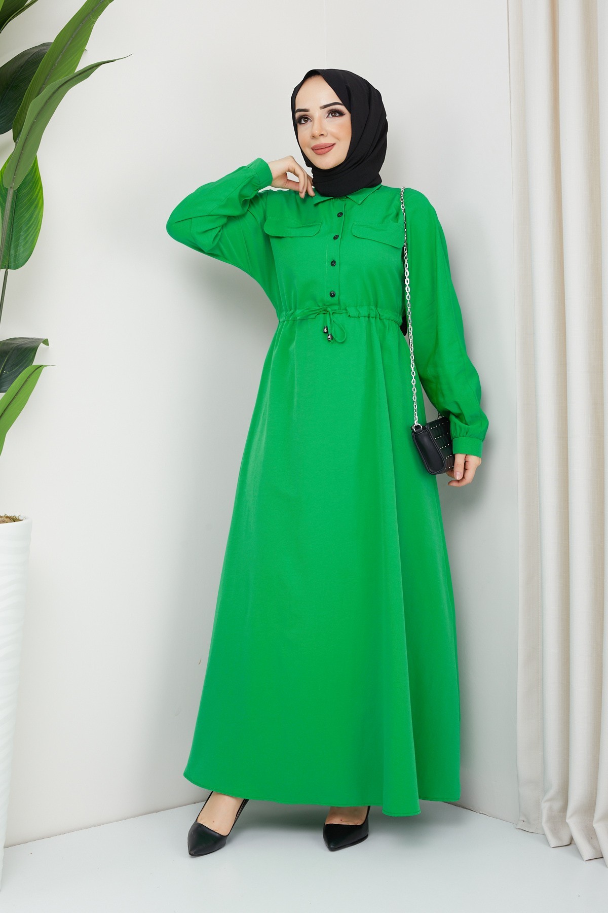 Ela Tesettür Elbise - Benetto Yeşil