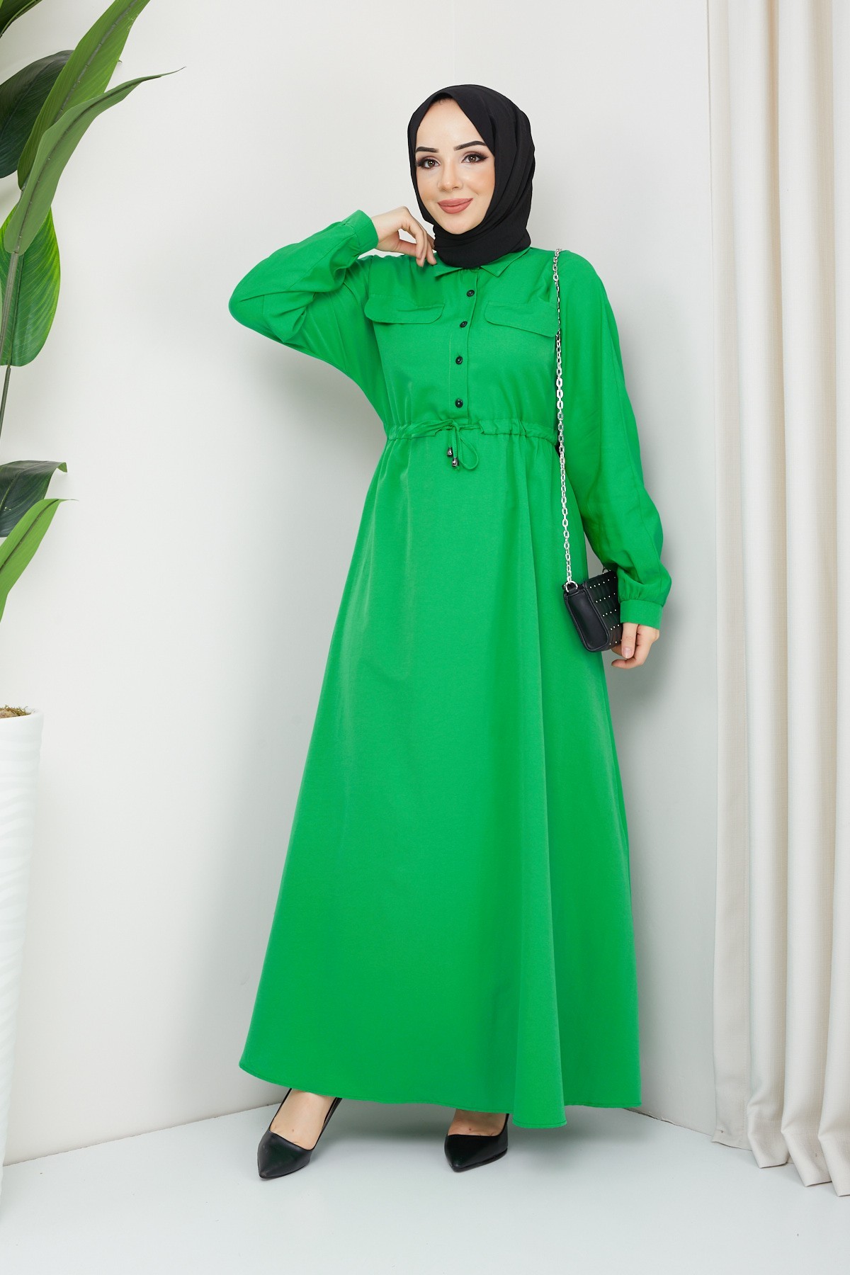 Ela Tesettür Elbise - Benetto Yeşil