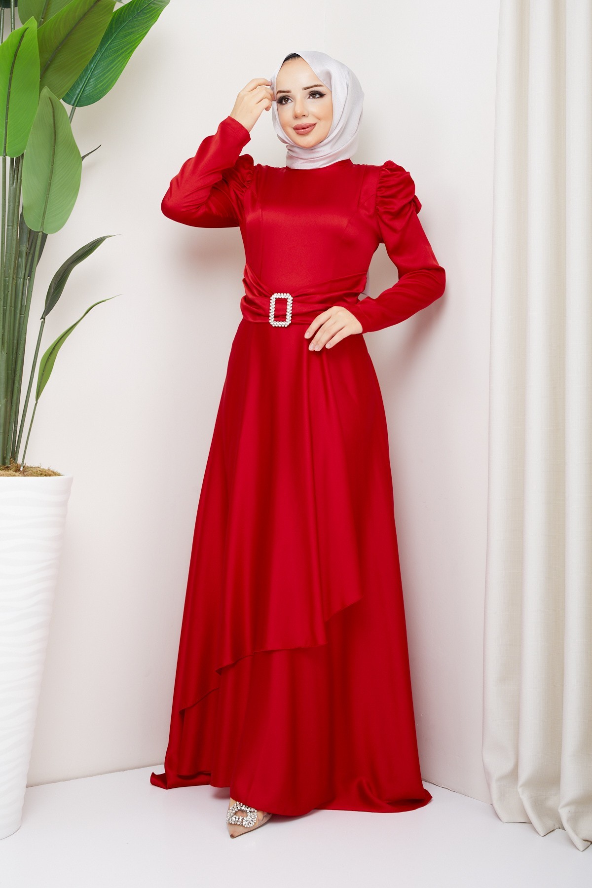 Bade Tesettür Abiye -Kırmızı