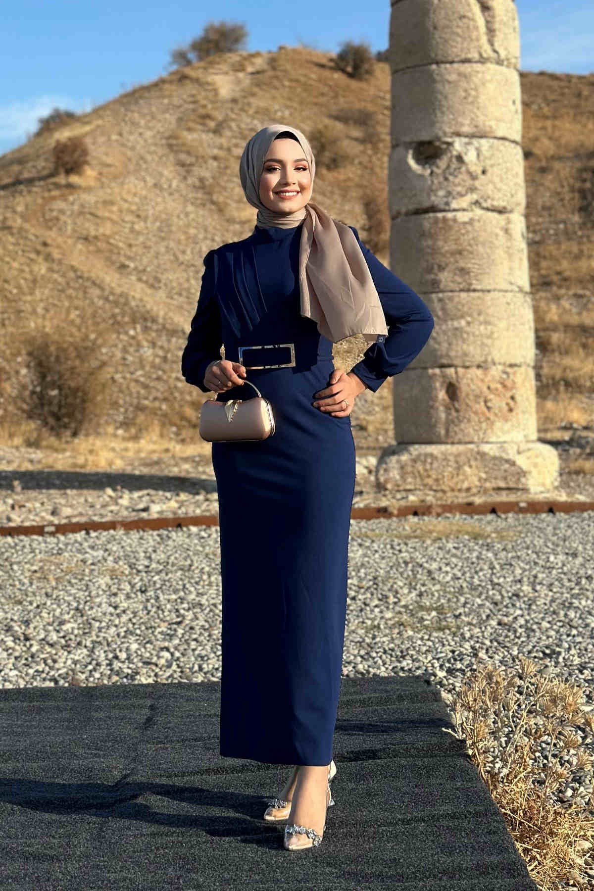 Hilal Krep Elbise - Lacivert