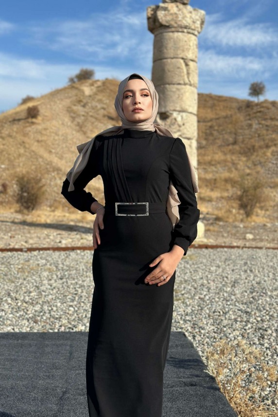 Hilal Krep Elbise - Siyah