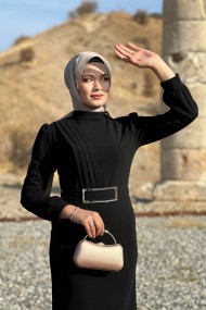 Hilal Krep Elbise - Siyah