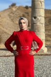 Hilal Krep Elbise - Kırmızı