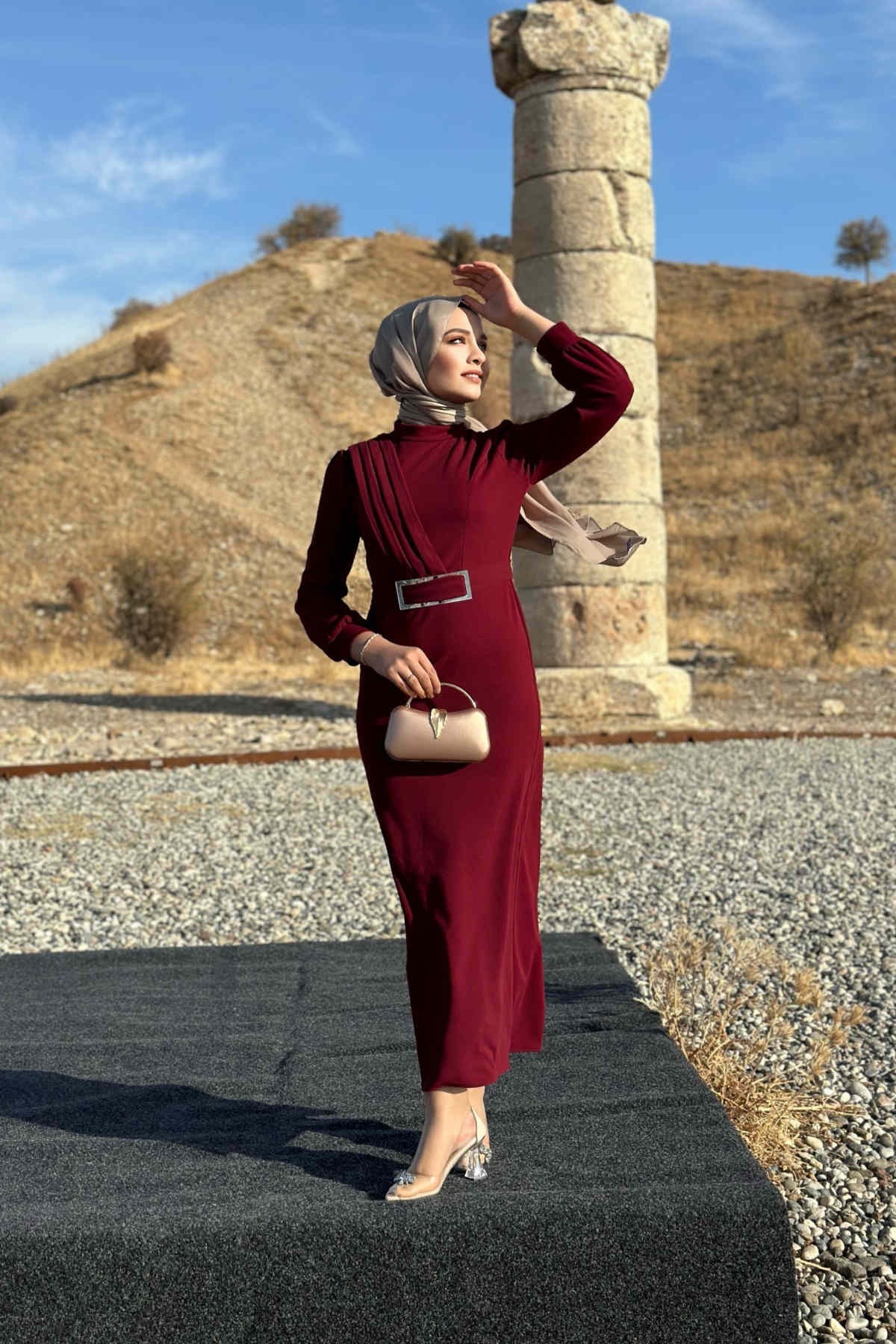 Hilal Krep Elbise - Bordo