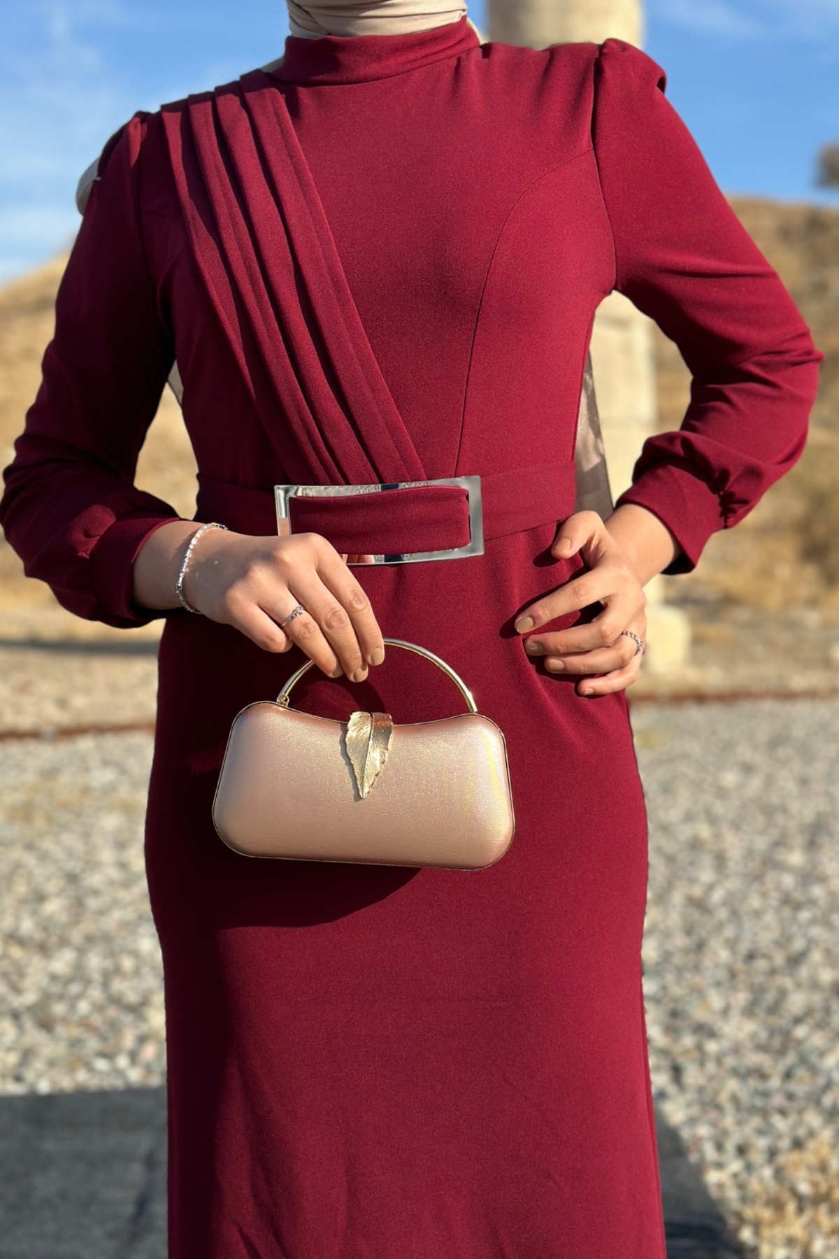 Hilal Krep Elbise - Bordo