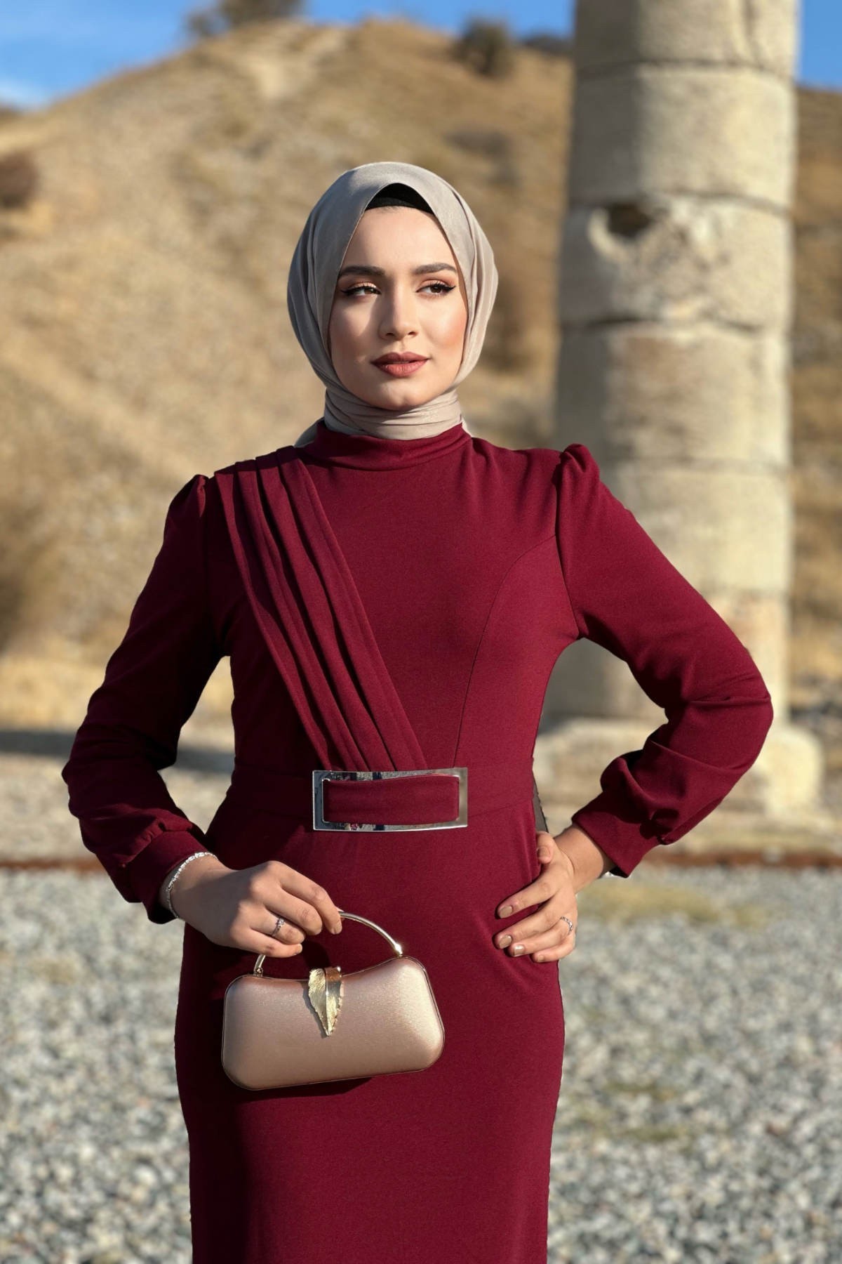 Hilal Krep Elbise - Bordo