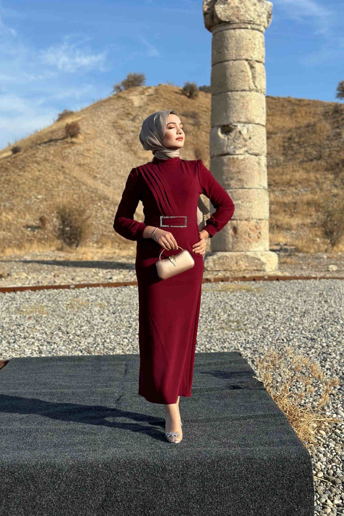 Hilal Krep Elbise - Bordo