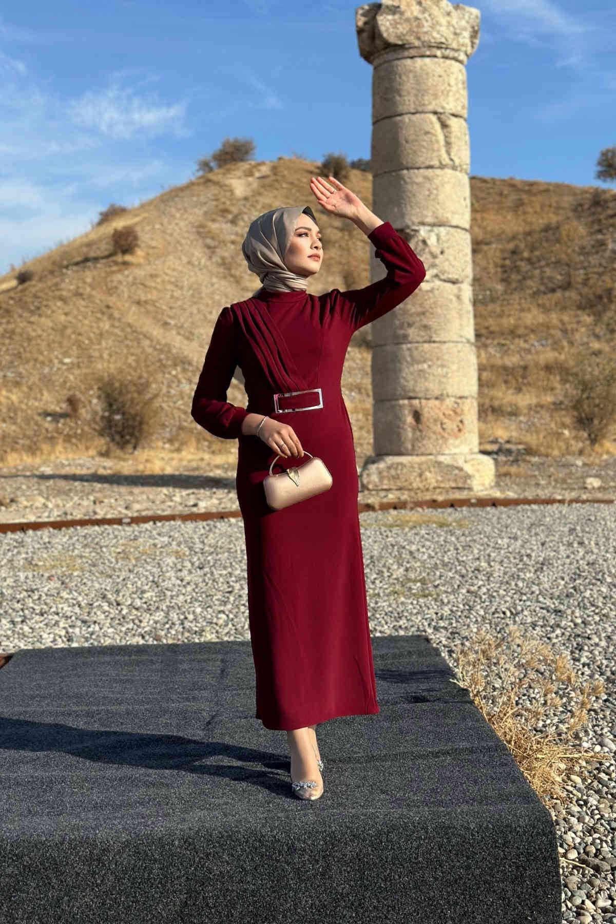 Hilal Krep Elbise - Bordo