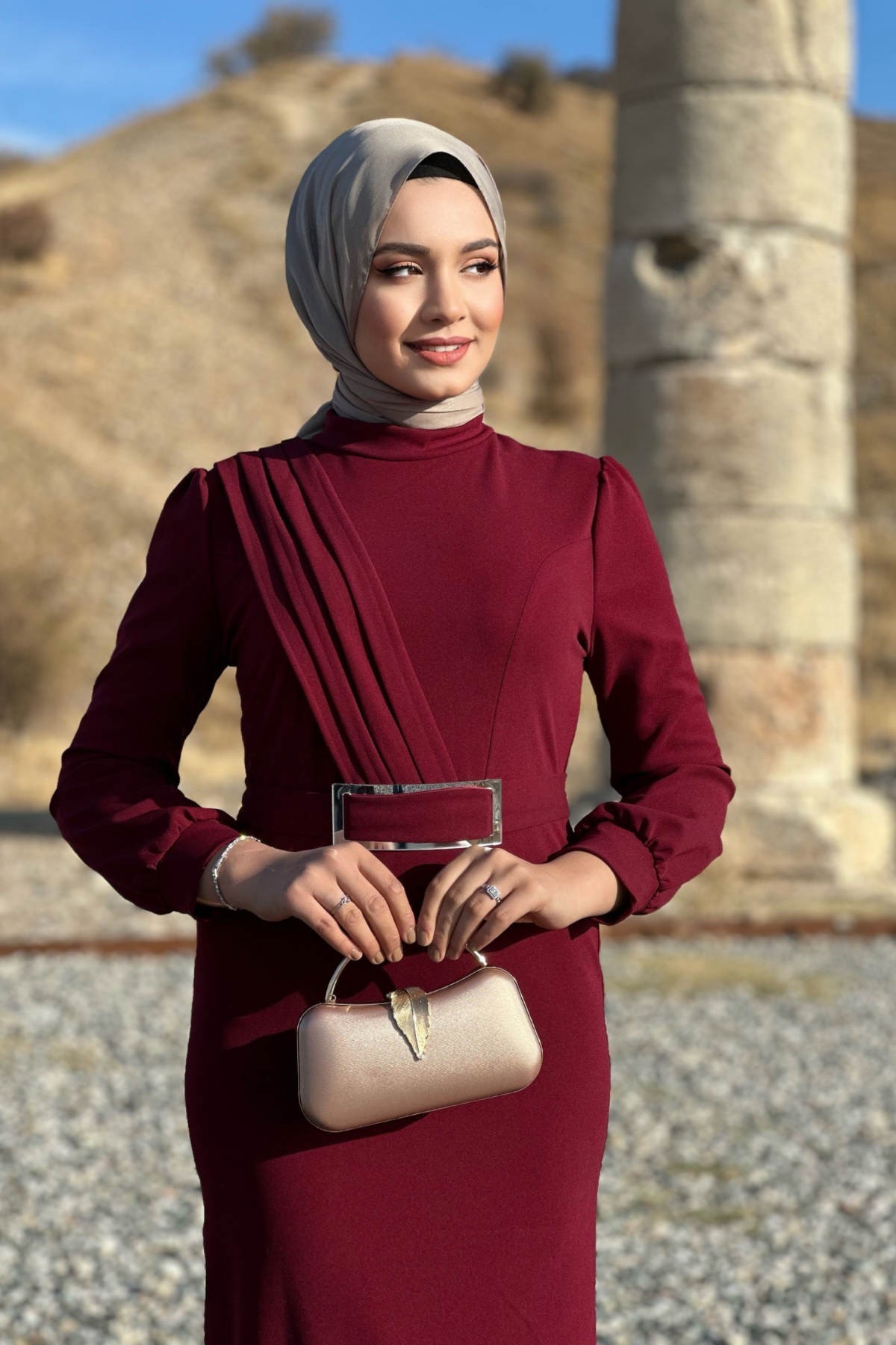 Hilal Krep Elbise - Bordo