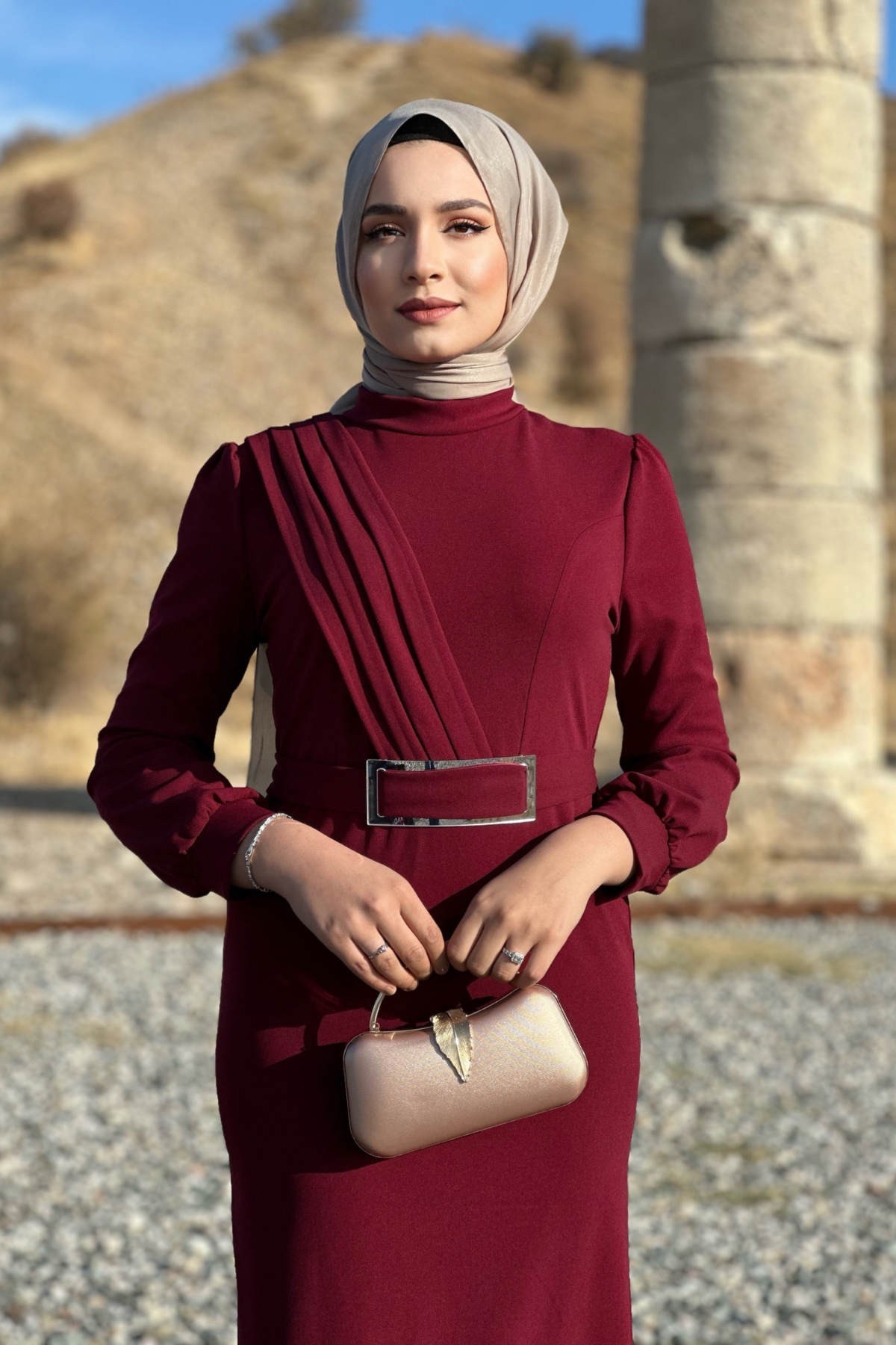 Hilal Krep Elbise - Bordo