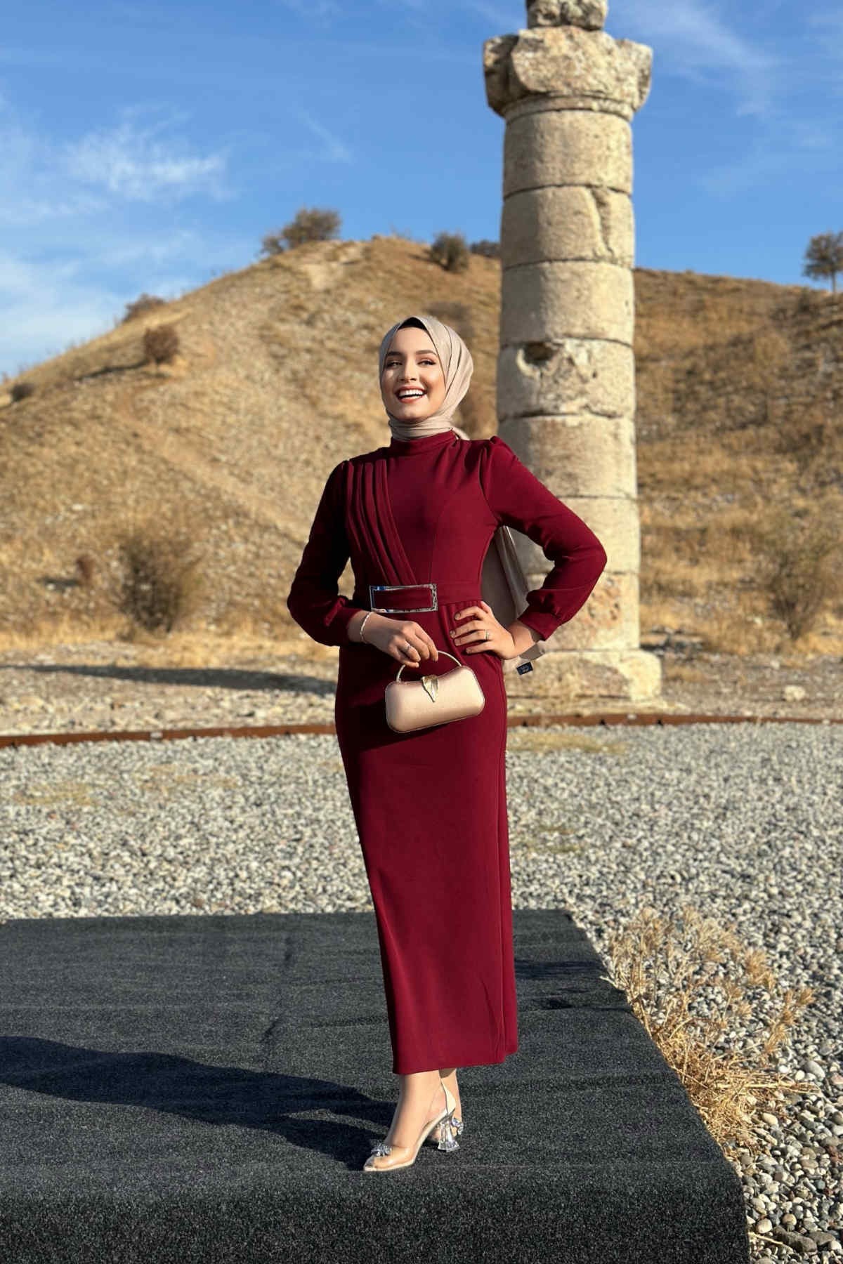 Hilal Krep Elbise - Bordo