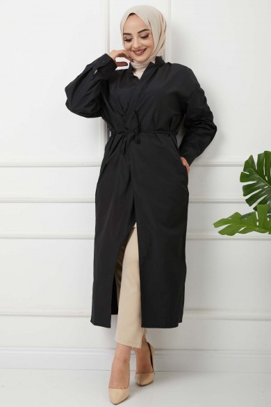 Önü Bağcıklı Trençkot - Siyah