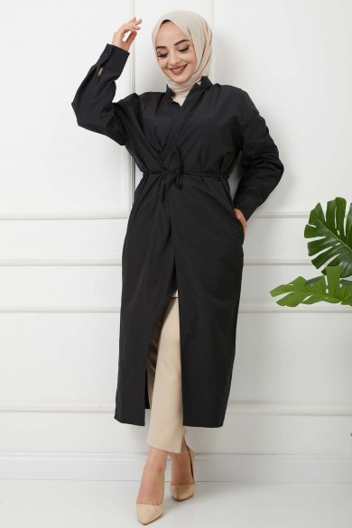 Önü Bağcıklı Trençkot - Siyah