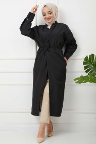 Önü Bağcıklı Trençkot - Siyah