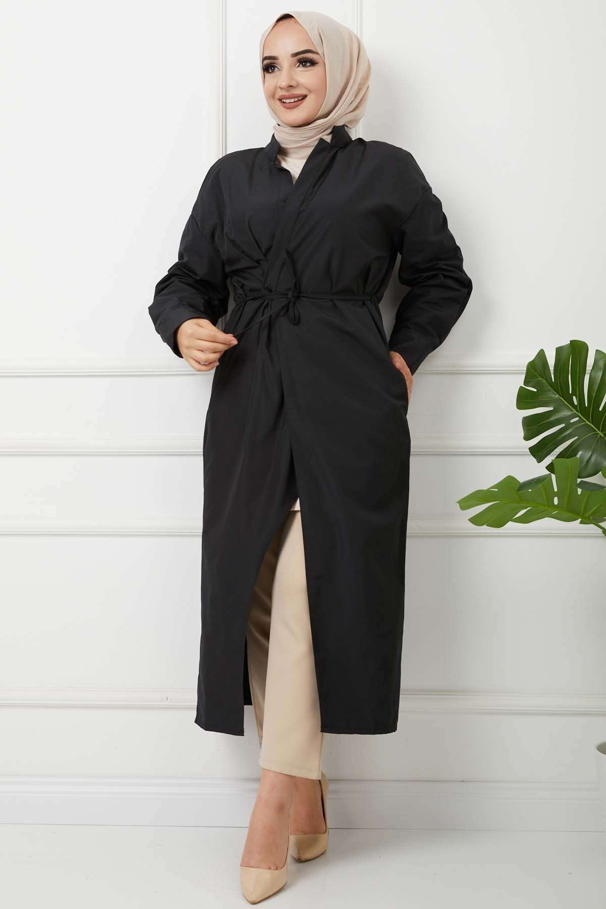 Önü Bağcıklı Trençkot - Siyah