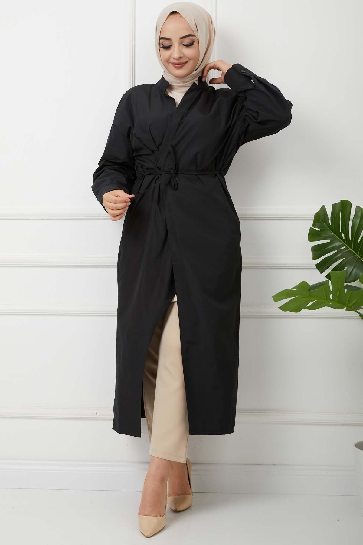 Önü Bağcıklı Trençkot - Siyah