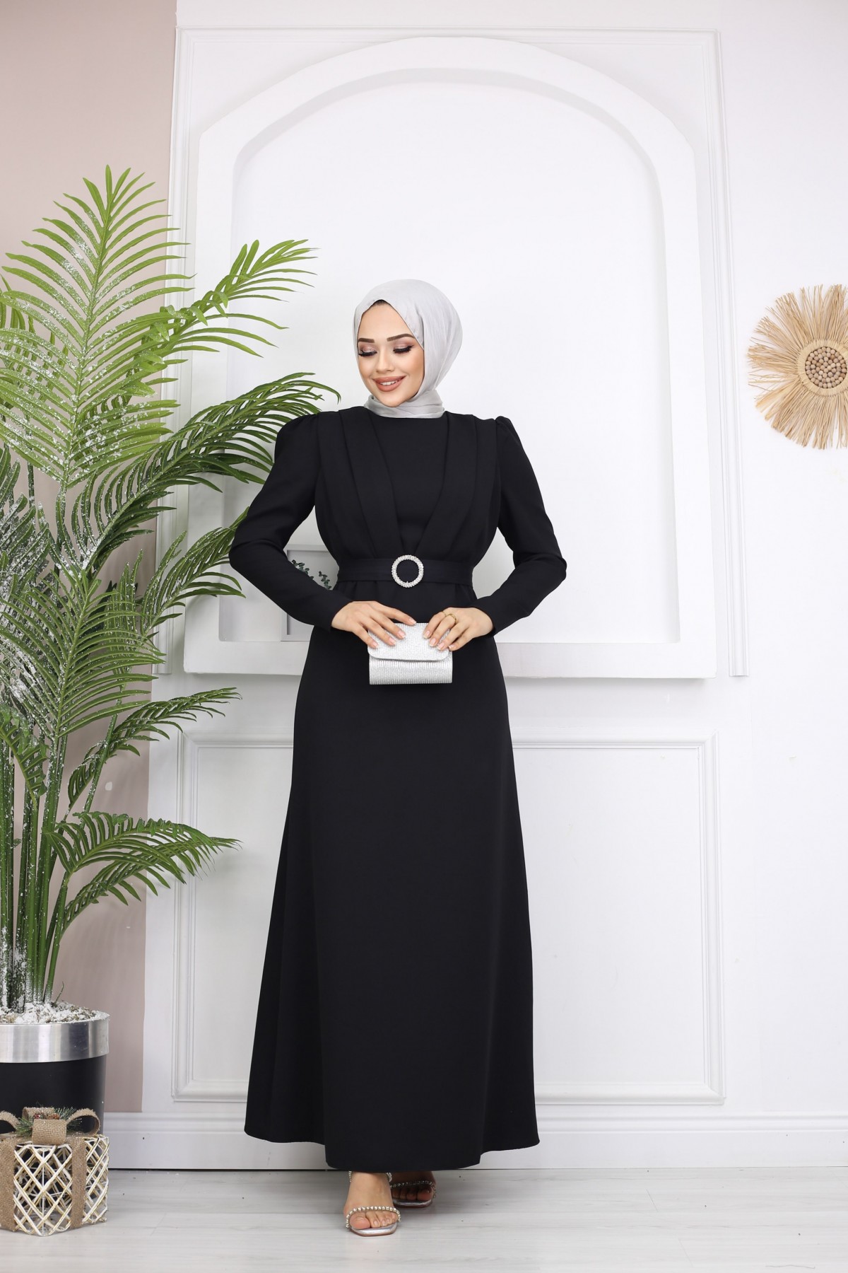 Kelebek Krep Elbise - Siyah