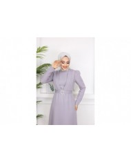 Kelebek Krep Elbise - Açık Gri