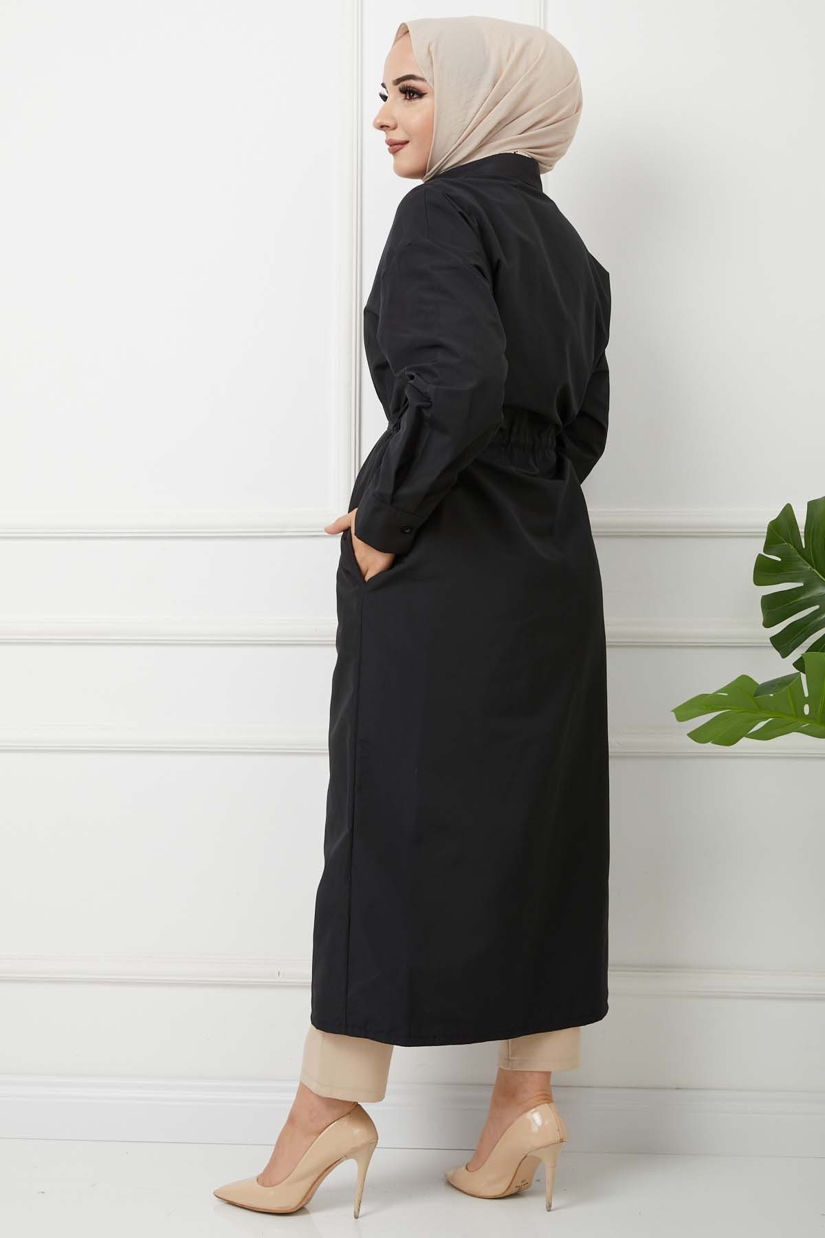 Önü Bağcıklı Trençkot - Siyah