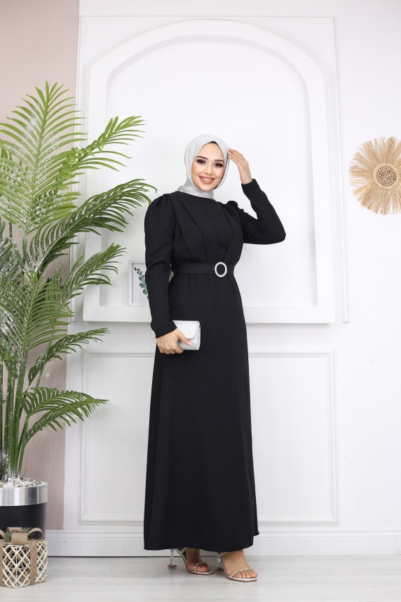 Kelebek Krep Elbise - Siyah