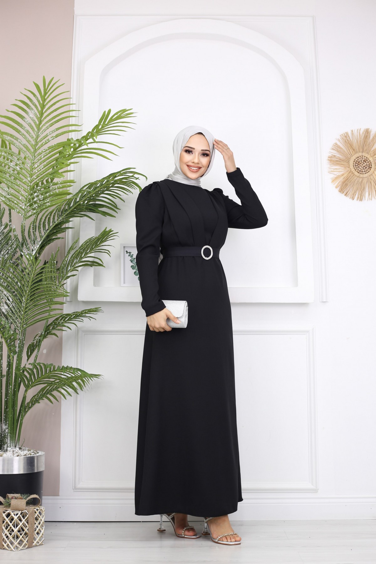 Kelebek Krep Elbise - Siyah