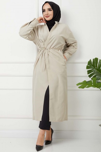 Önü Bağcıklı Trençkot - Taş