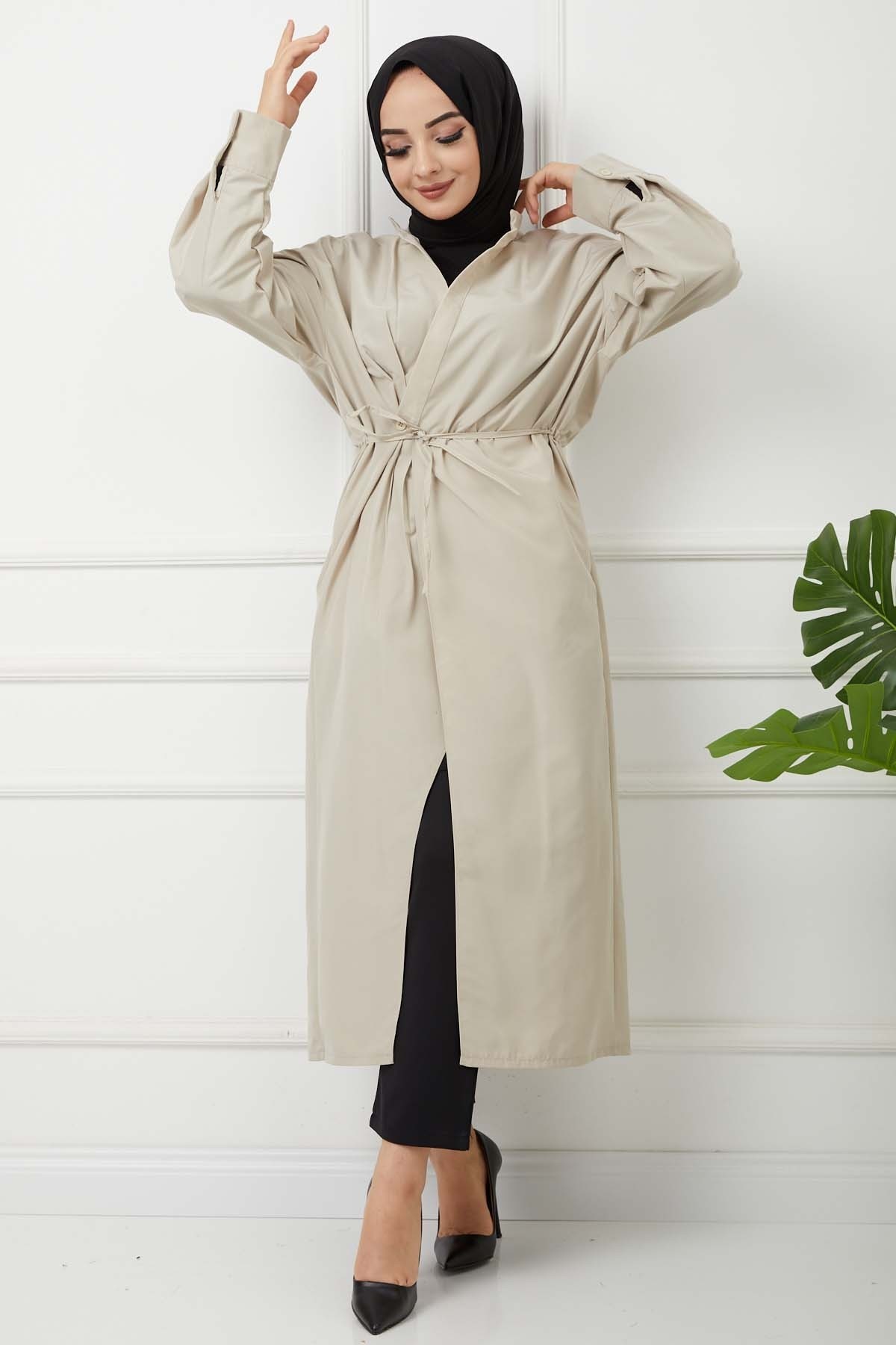 Önü Bağcıklı Trençkot - Taş