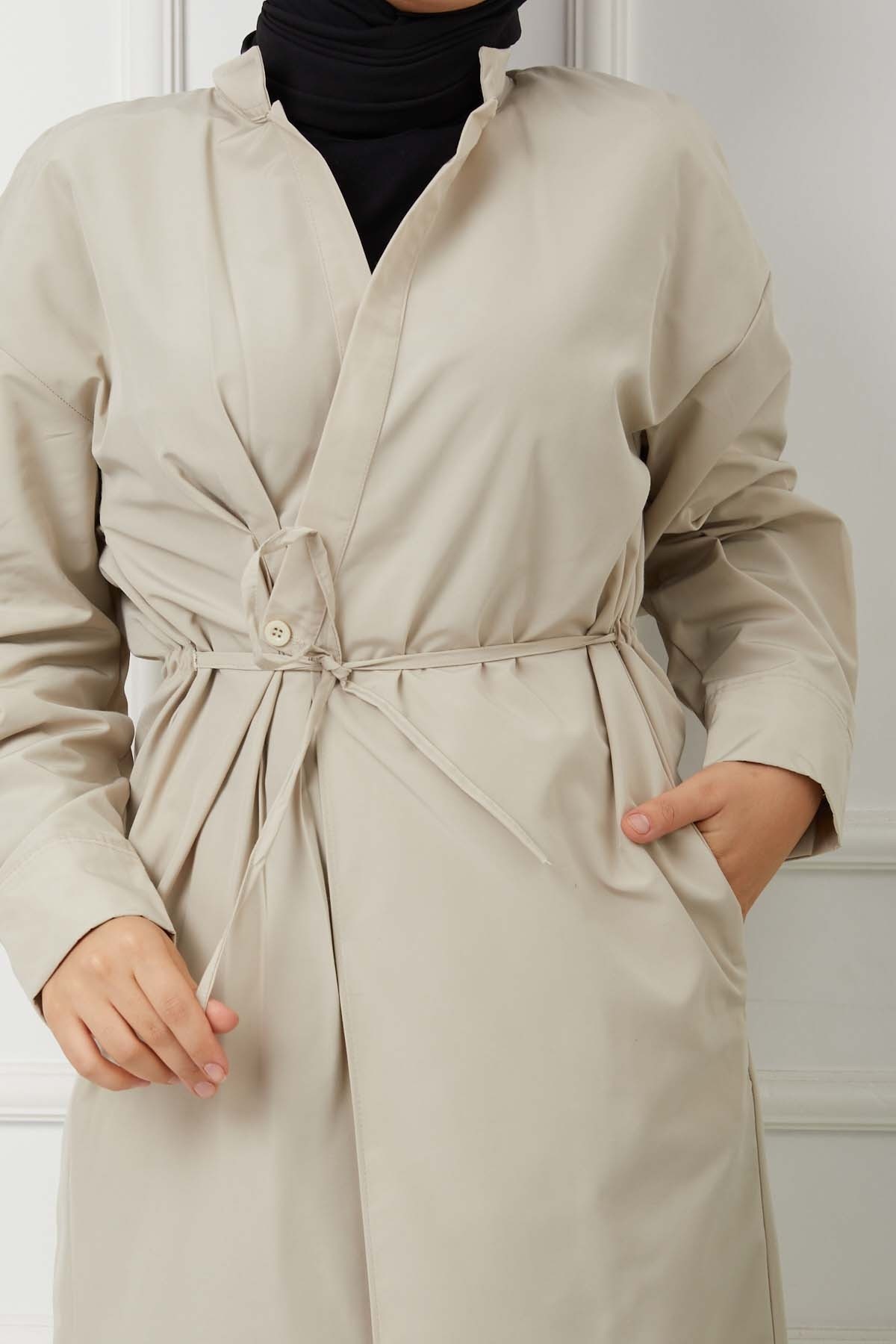 Önü Bağcıklı Trençkot - Taş