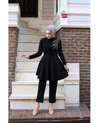 Ulyana Taşlı Takım - Siyah